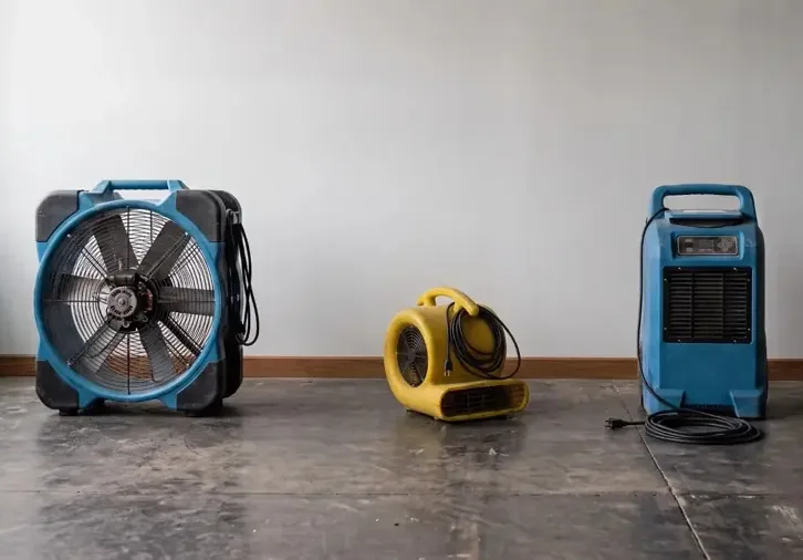Air mover, fan and dehumidifier running in an emptied room