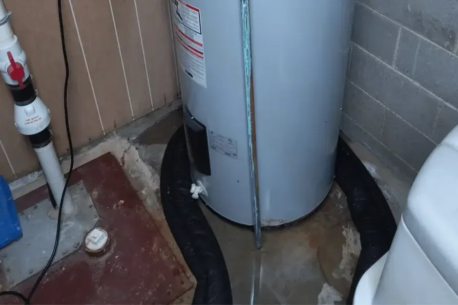 Water pooled around a leaking tank water heater inside a closet